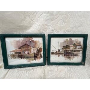 Vintage Framed Nautical Harbor Fishing Boat Prints Set of 2 Chippy Rustic Green